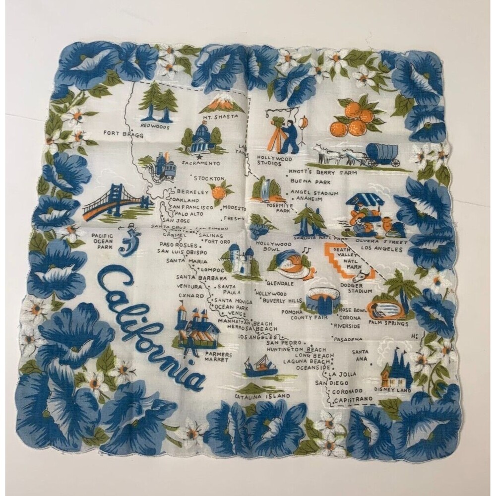 Vintage State Handkerchief California Scalloped Edge Rolled Edge Floral Map